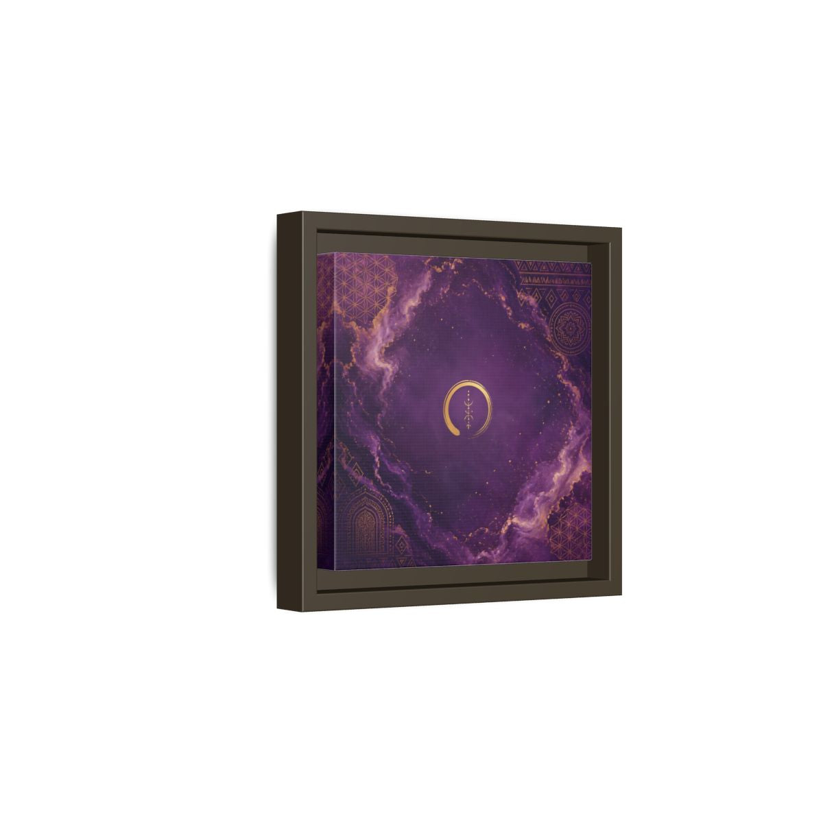 Side Mockup 2. Abstract Abstract Symbol Purple And Gold shown as stretched canvas wall art