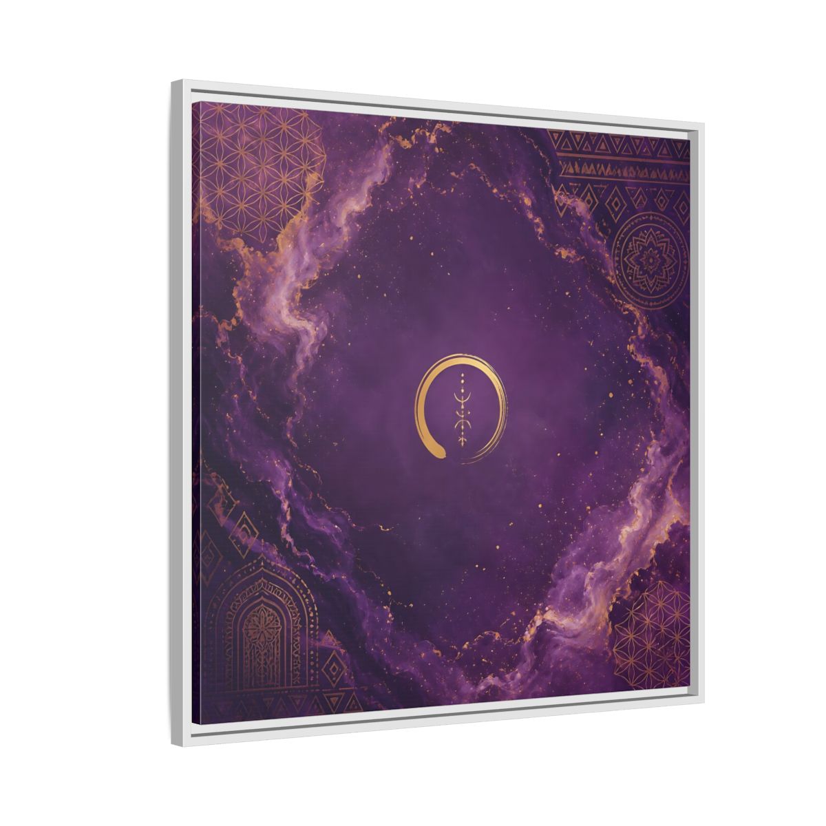 Side Mockup 7. Abstract Abstract Symbol Purple And Gold shown as stretched canvas wall art