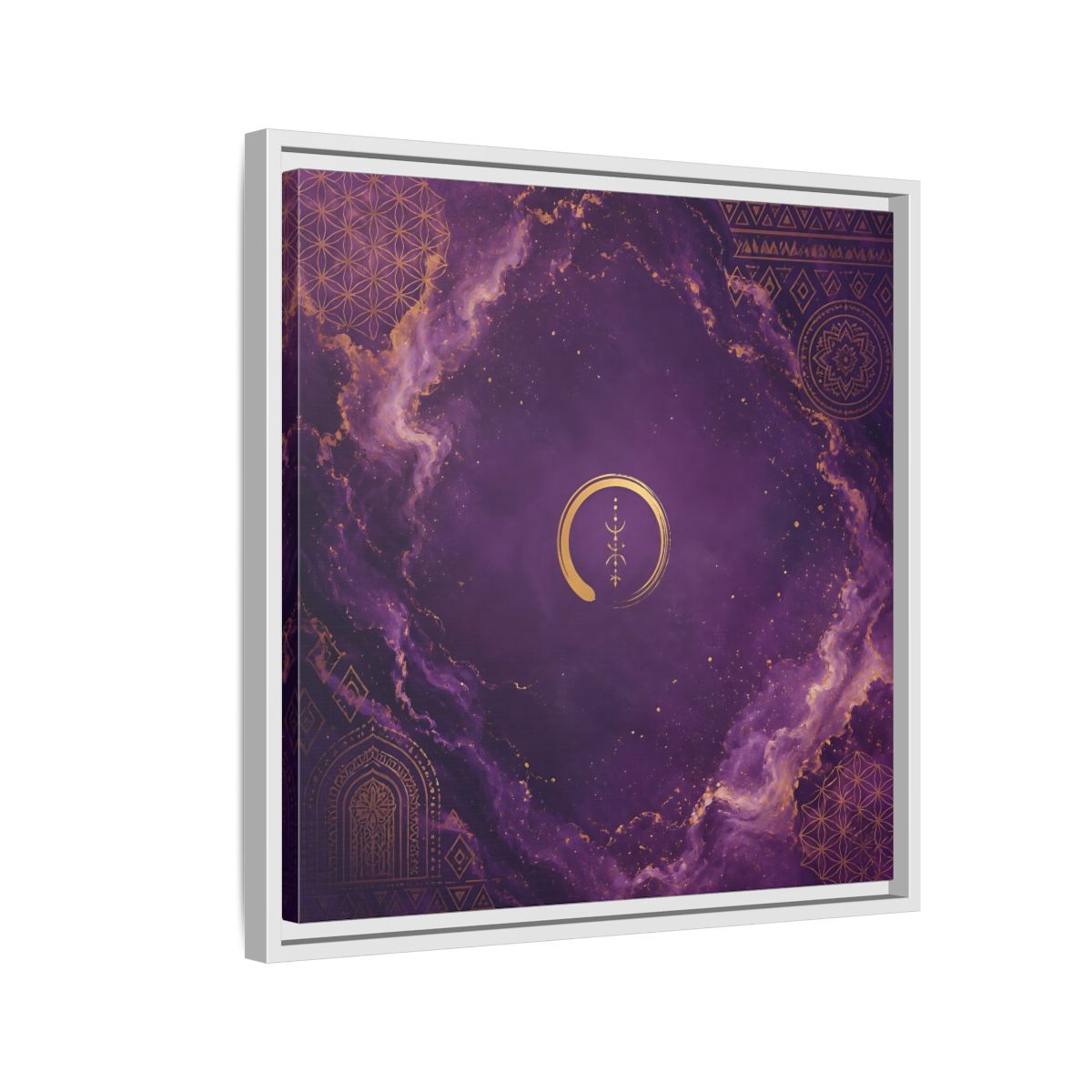 Side Mockup 10. Abstract Abstract Symbol Purple And Gold shown as stretched canvas wall art