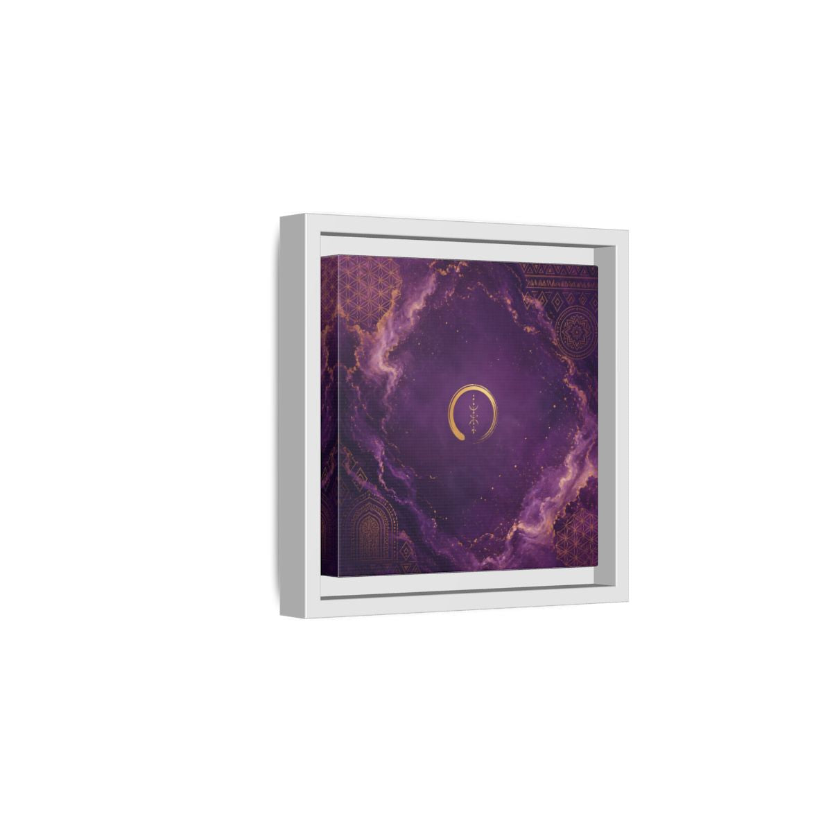 Side Mockup 1. Abstract Abstract Symbol Purple And Gold shown as stretched canvas wall art