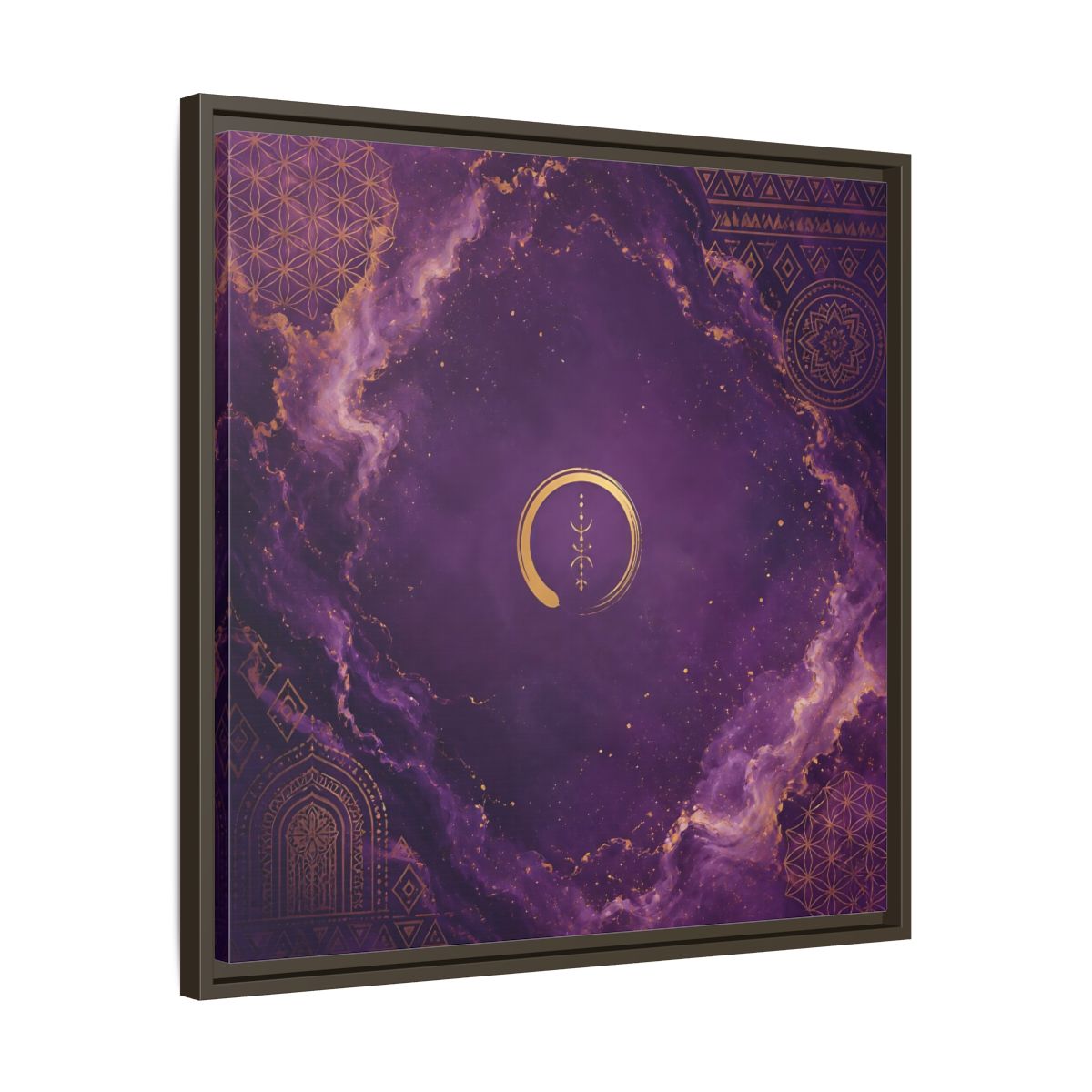 Side Mockup 27. Abstract Abstract Symbol Purple And Gold shown as stretched canvas wall art