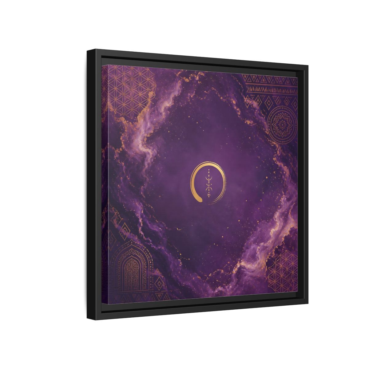 Side Mockup 15. Abstract Abstract Symbol Purple And Gold shown as stretched canvas wall art