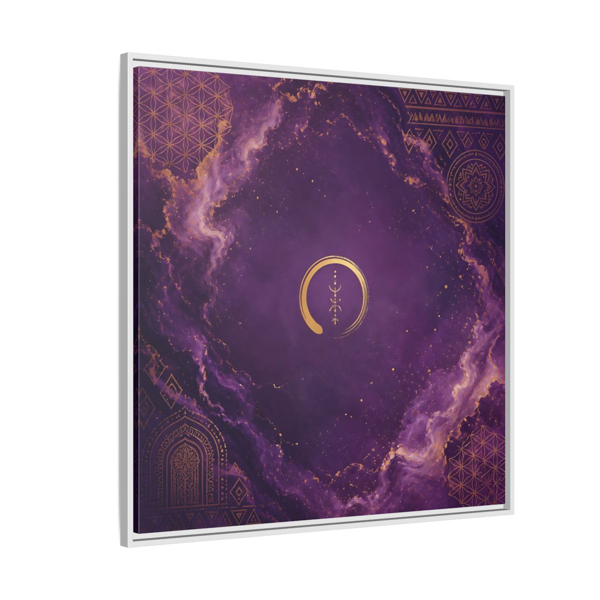 Side Mockup 4. Abstract Abstract Symbol Purple And Gold shown as stretched canvas wall art