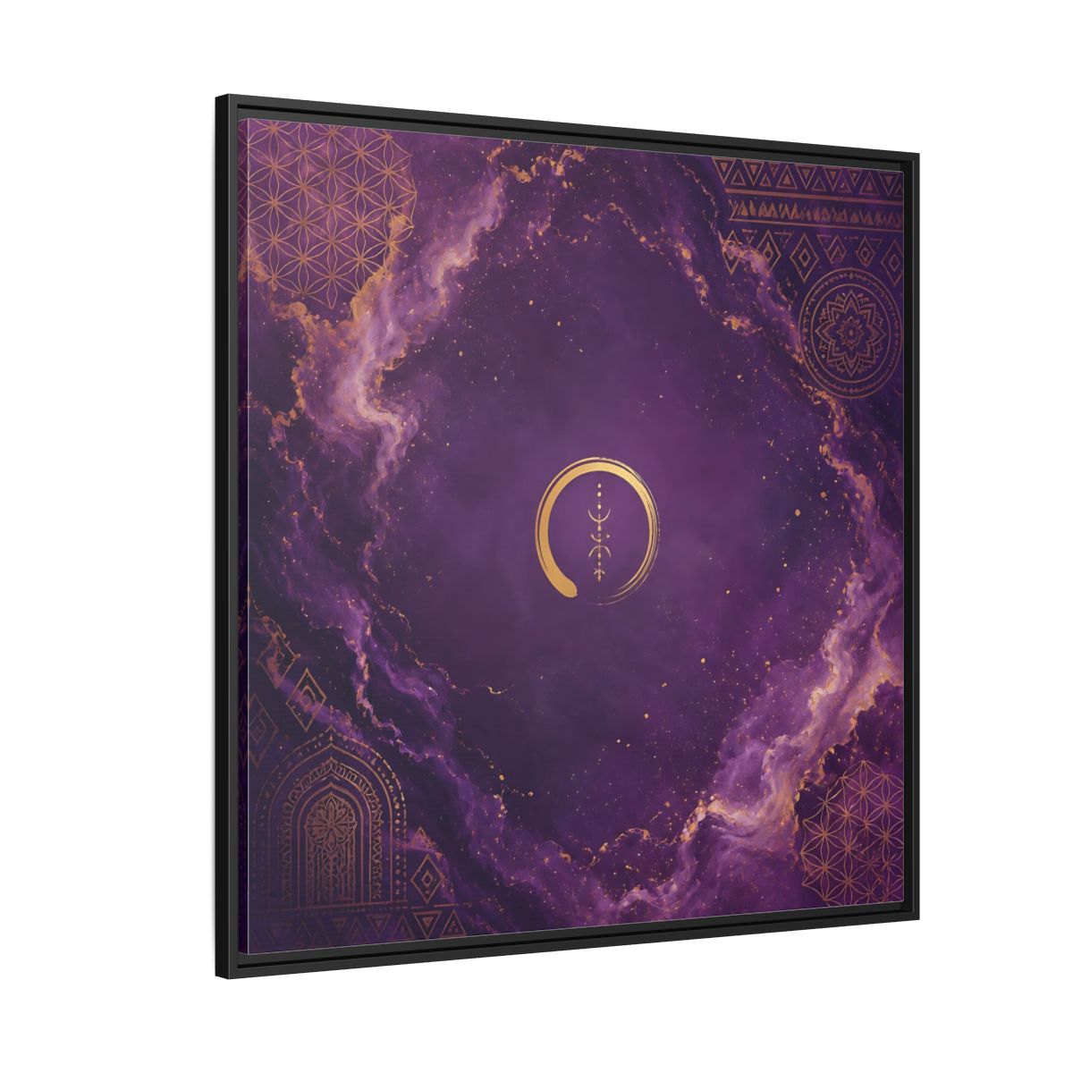 Side Mockup 6. Abstract Abstract Symbol Purple And Gold shown as stretched canvas wall art