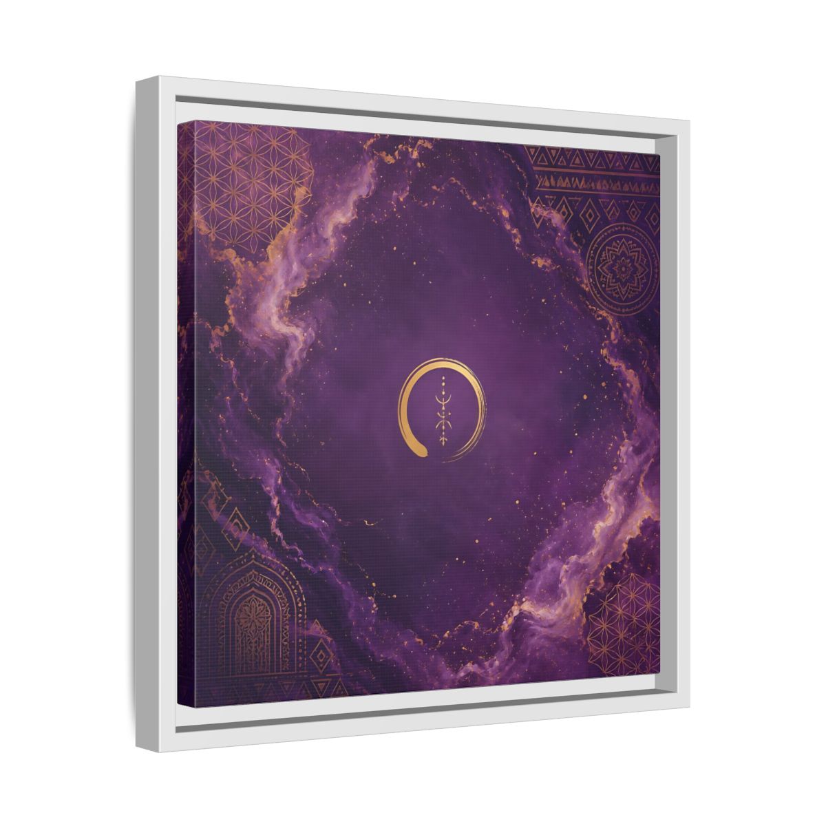 Side Mockup 28. Abstract Abstract Symbol Purple And Gold shown as stretched canvas wall art