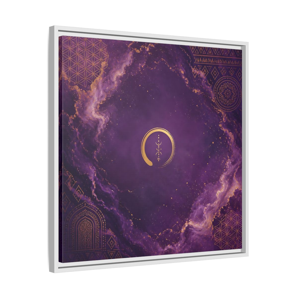 Side Mockup 26. Abstract Abstract Symbol Purple And Gold shown as stretched canvas wall art