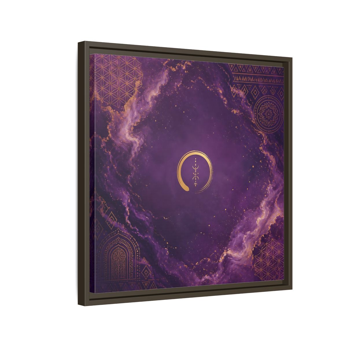 Side Mockup 11. Abstract Abstract Symbol Purple And Gold shown as stretched canvas wall art