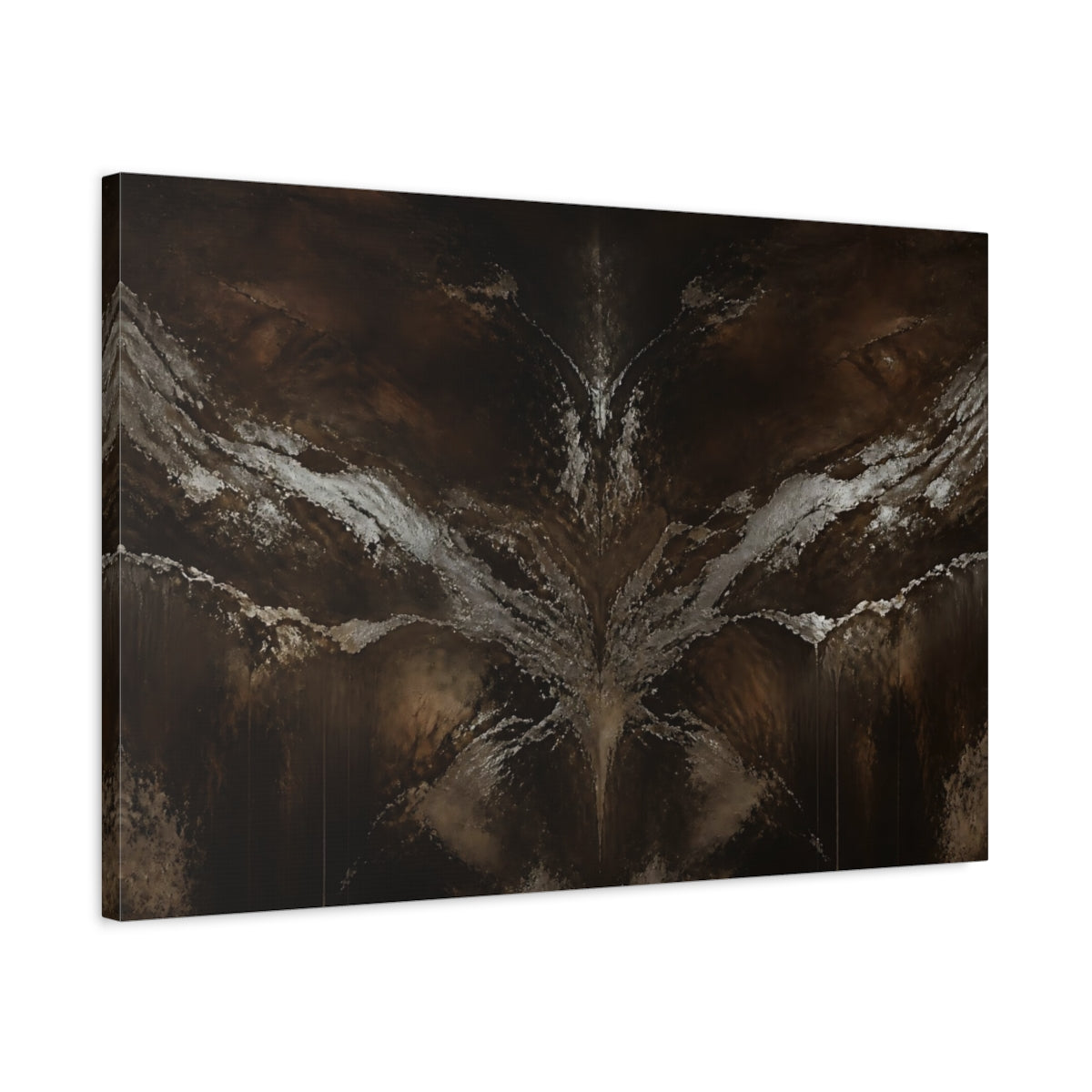 Side Mockup 2. Abstract Abstract Texture Dark Brown Silver shown as stretched canvas wall art