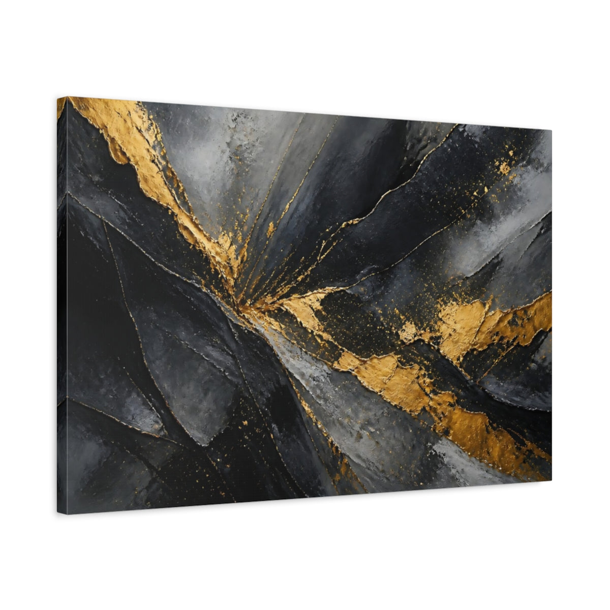Side Mockup 2. Abstract Textured Gold Black And Gold Abstract shown as stretched canvas wall art