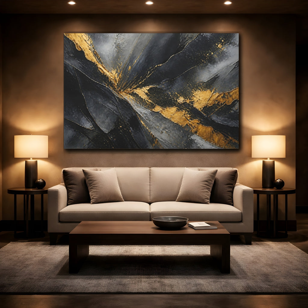Mockup 2. Abstract Textured Gold Black And Gold Abstract shown as stretched canvas wall art