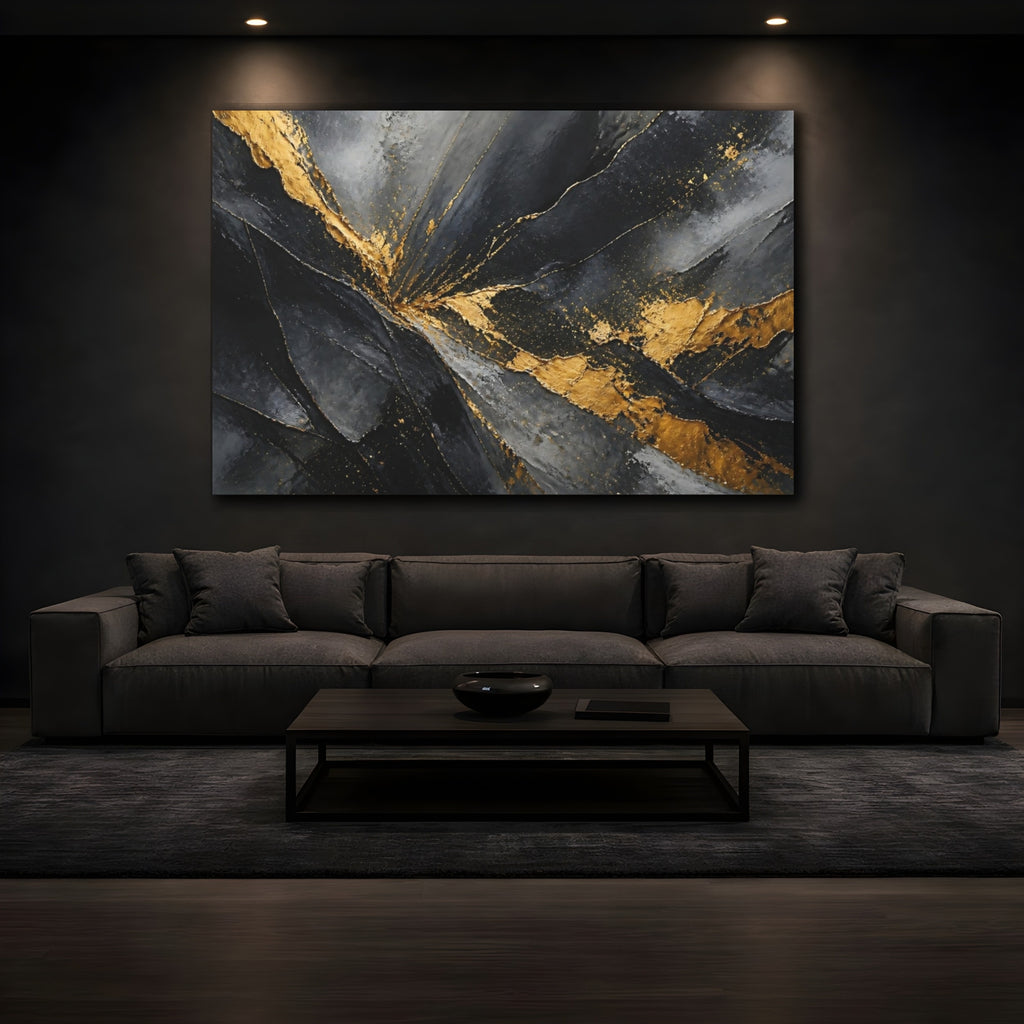 Mockup 3. Abstract Textured Gold Black And Gold Abstract shown as stretched canvas wall art