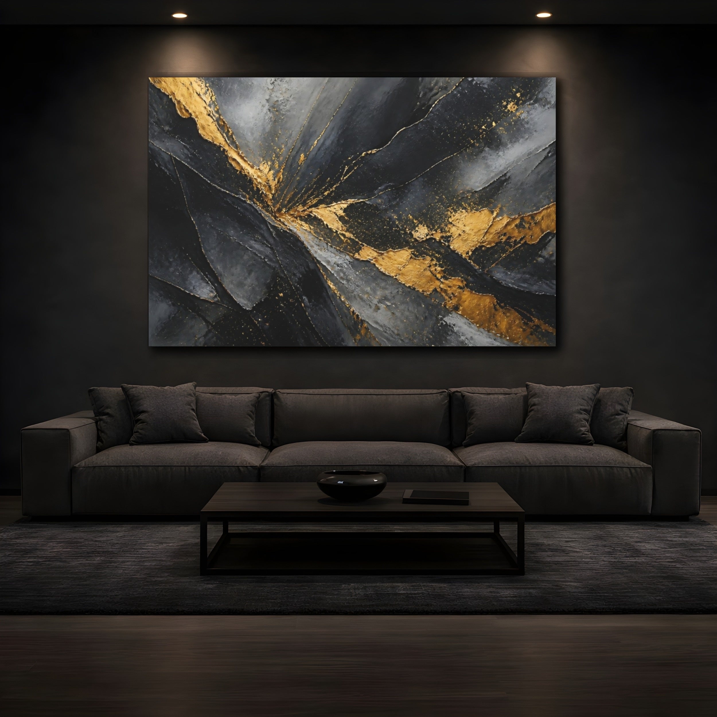 Mockup 3. Abstract Textured Gold Black And Gold Abstract shown as stretched canvas wall art