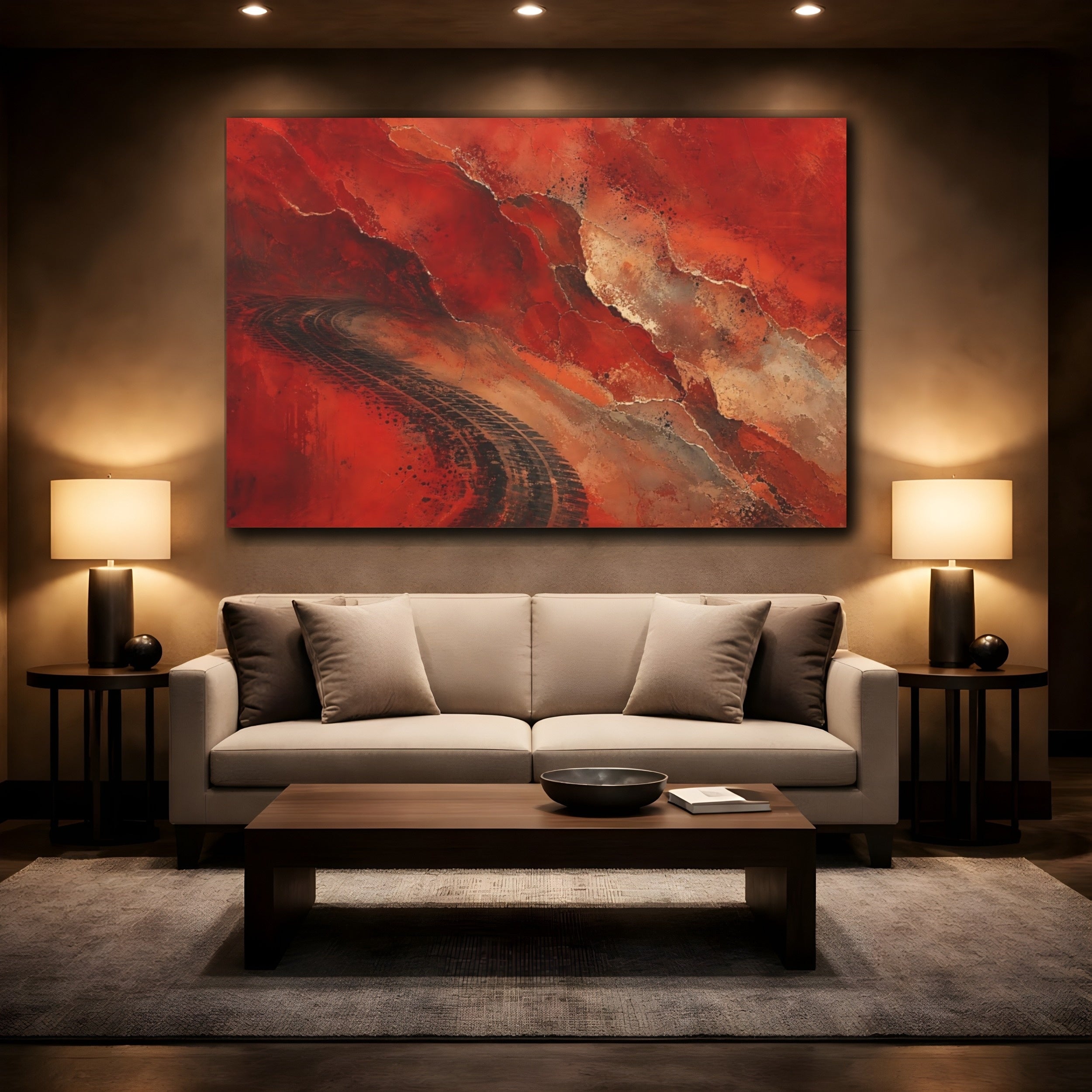 Mockup 2. Abstract Tire Tracks Red And Black Abstract shown as stretched canvas wall art
