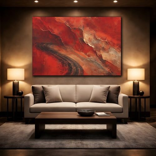 Mockup 2. Abstract Tire Tracks Red And Black Abstract shown as stretched canvas wall art