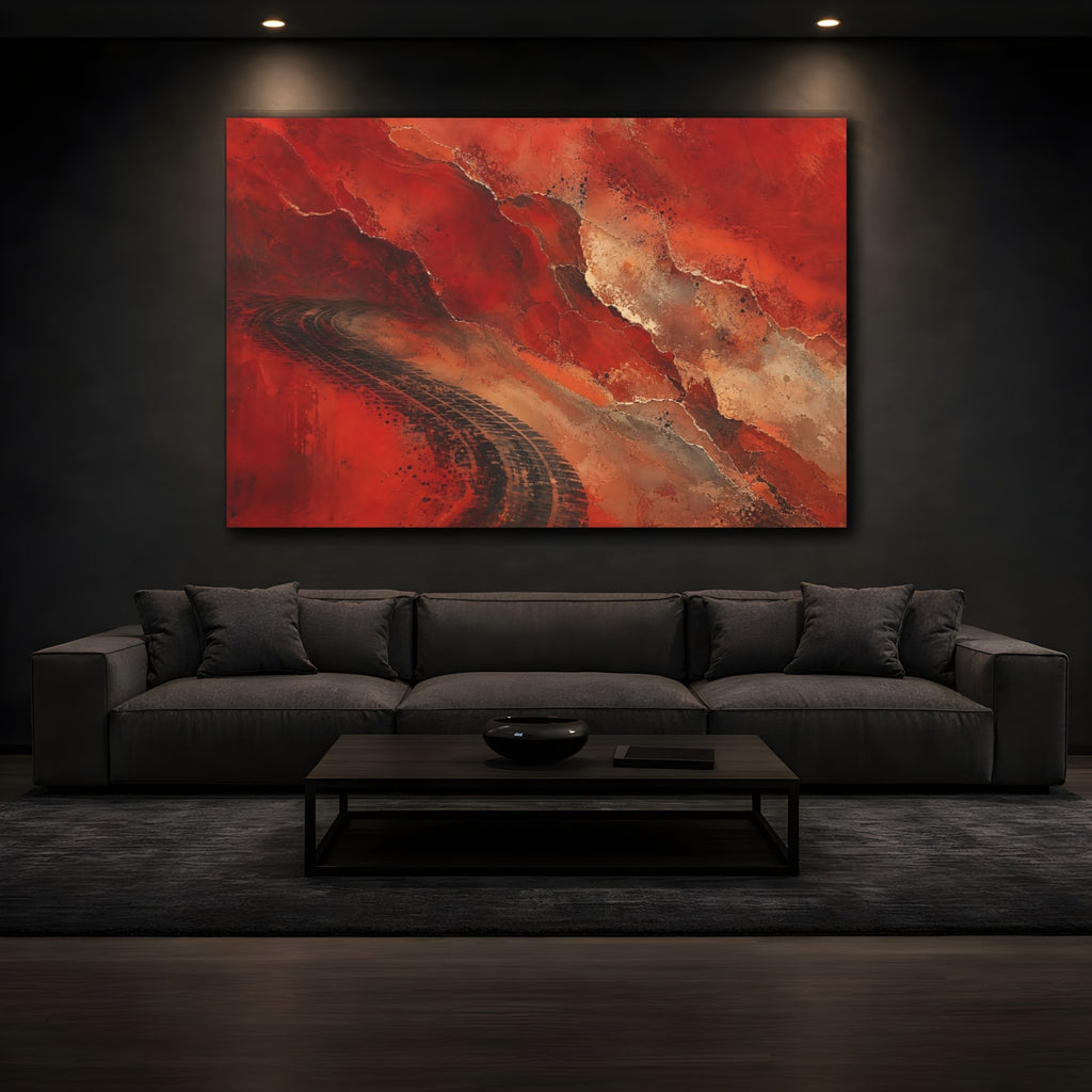 Mockup 3. Abstract Tire Tracks Red And Black Abstract shown as stretched canvas wall art