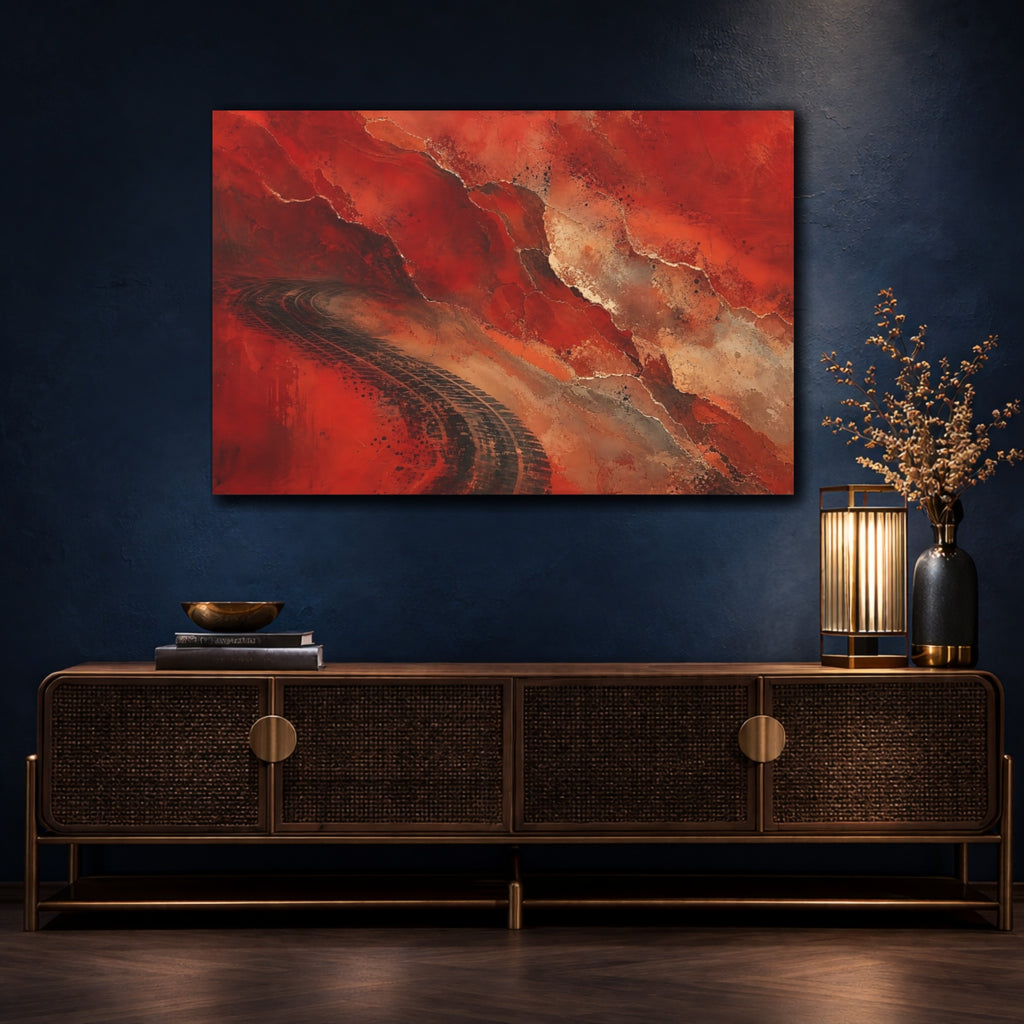 Mockup 4. Abstract Tire Tracks Red And Black Abstract shown as stretched canvas wall art