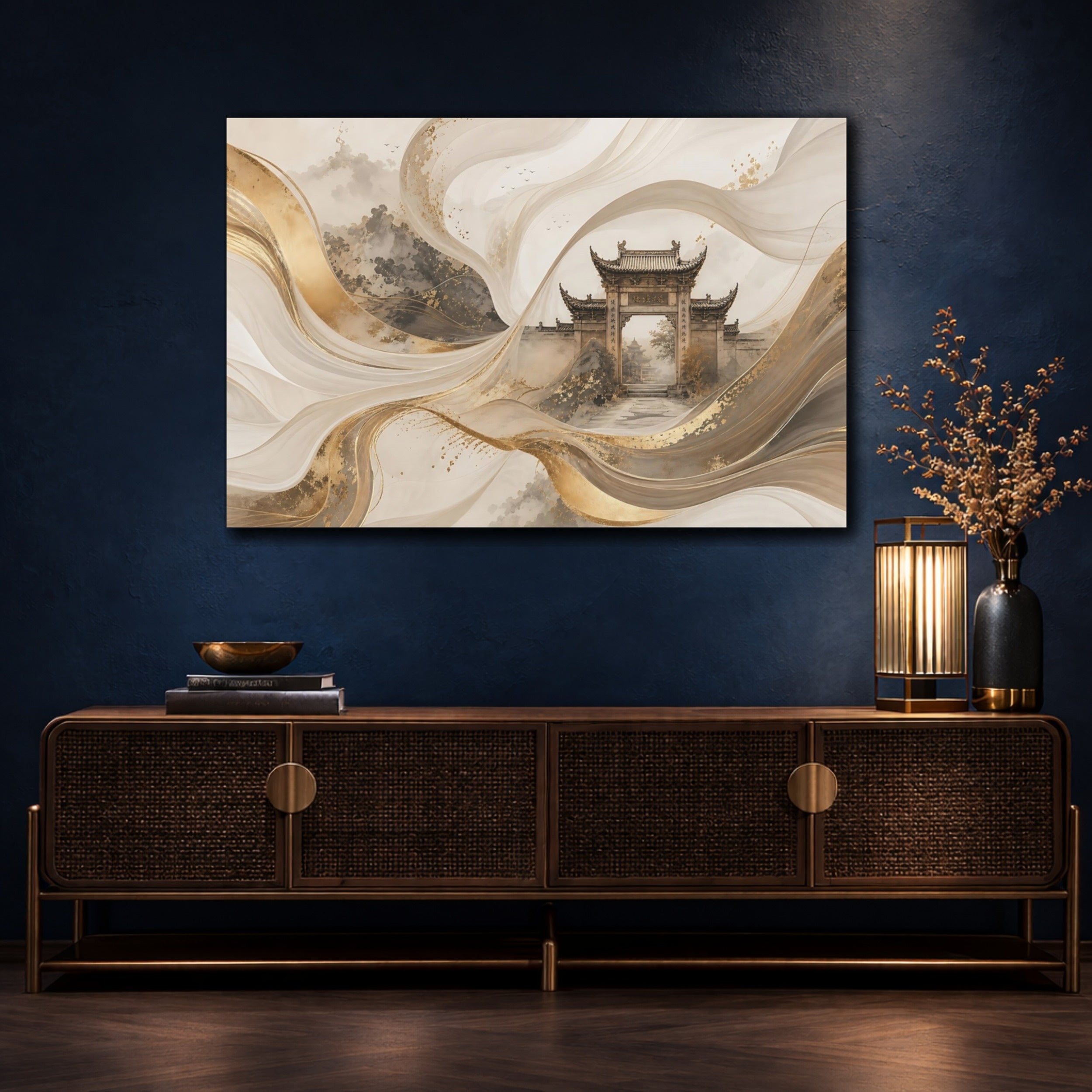 Mockup 4. Abstract Traditional Gate Gold And Gray Abstract shown as stretched canvas wall art