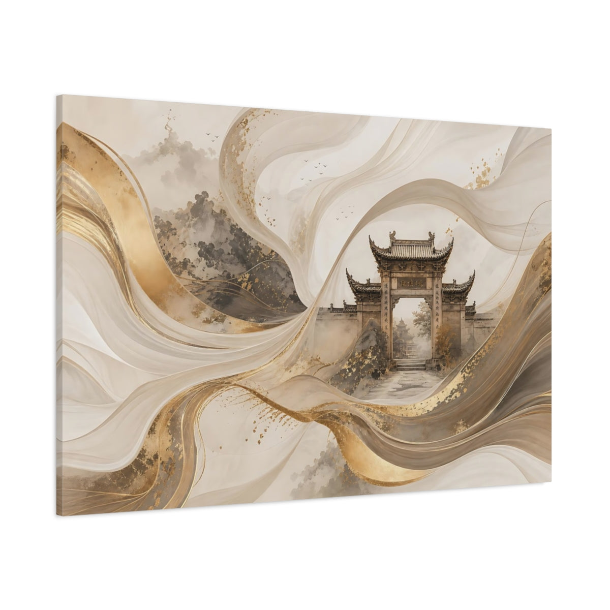 Side Mockup 1. Abstract Traditional Gate Gold And Gray Abstract shown as stretched canvas wall art