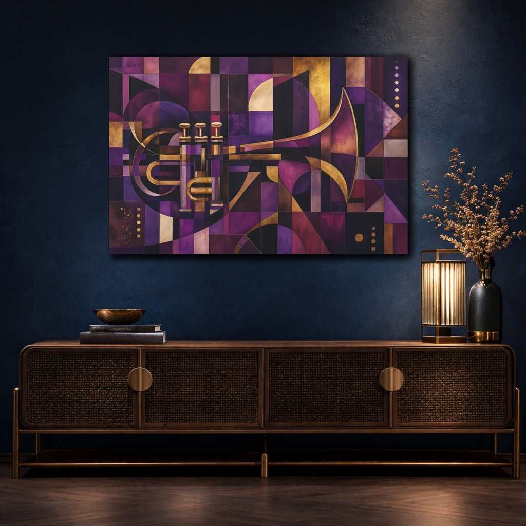 Mockup 4. Abstract Trumpet Purple Gold Abstract shown as stretched canvas wall art