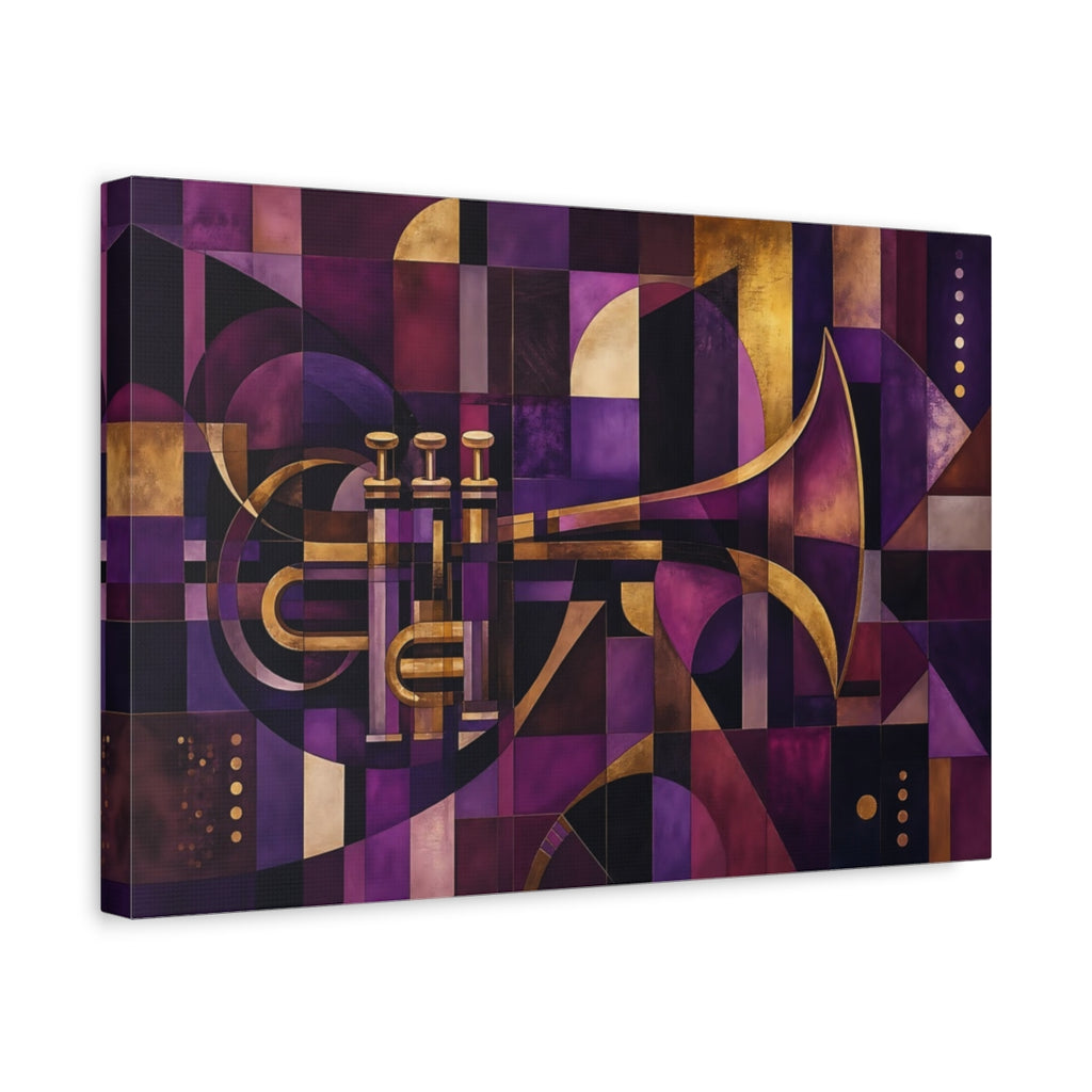 Side Mockup 4. Abstract Trumpet Purple Gold Abstract shown as stretched canvas wall art