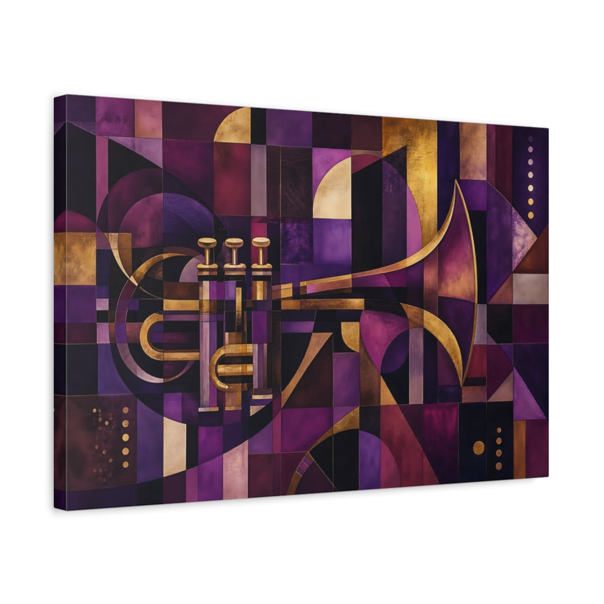 Side Mockup 3. Abstract Trumpet Purple Gold Abstract shown as stretched canvas wall art
