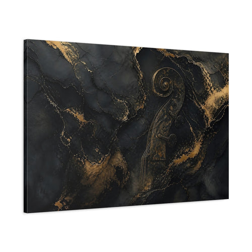 Main Mockup. Abstract Violin Scroll Black And Gold shown as stretched canvas wall art