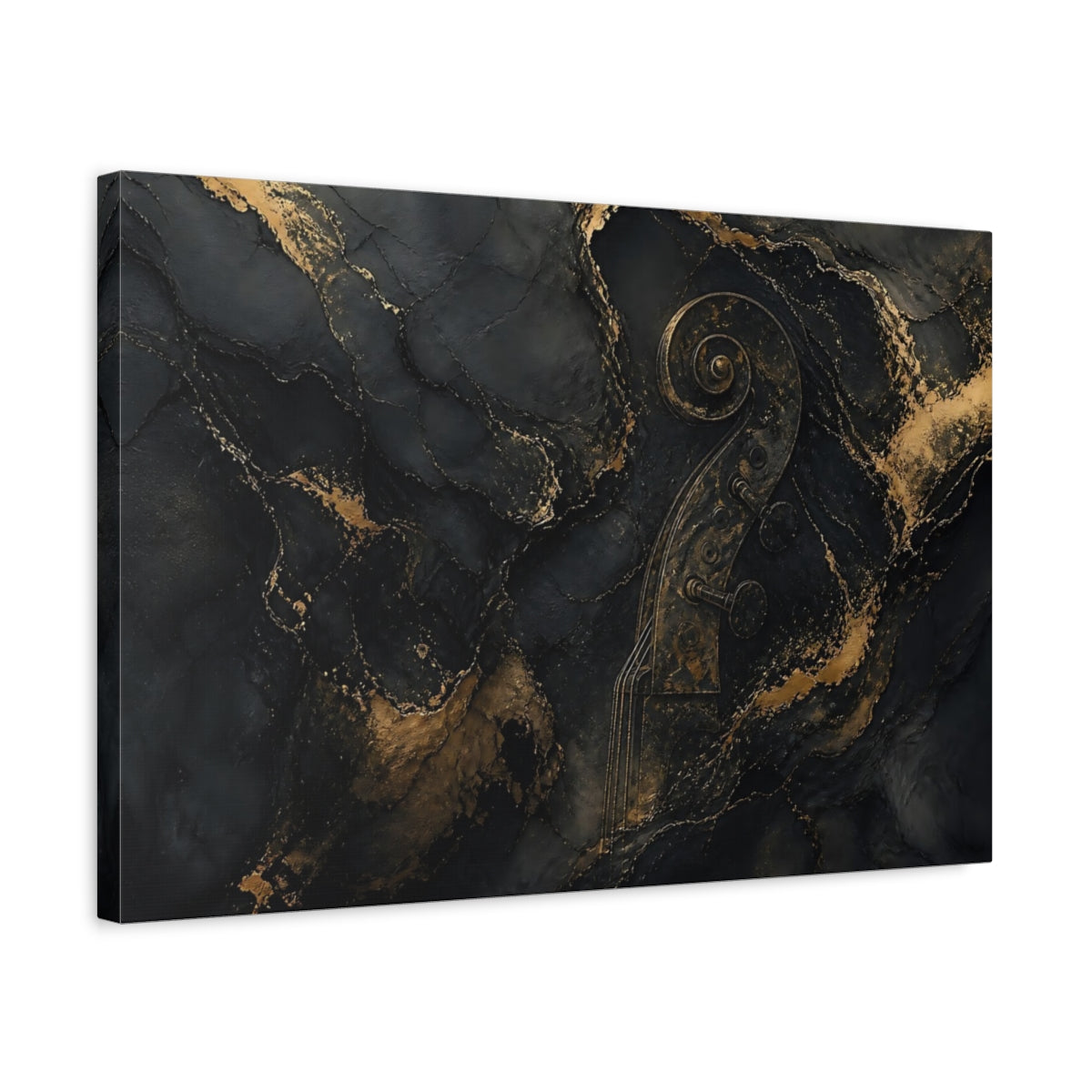 Side Mockup 3. Abstract Violin Scroll Black And Gold shown as stretched canvas wall art