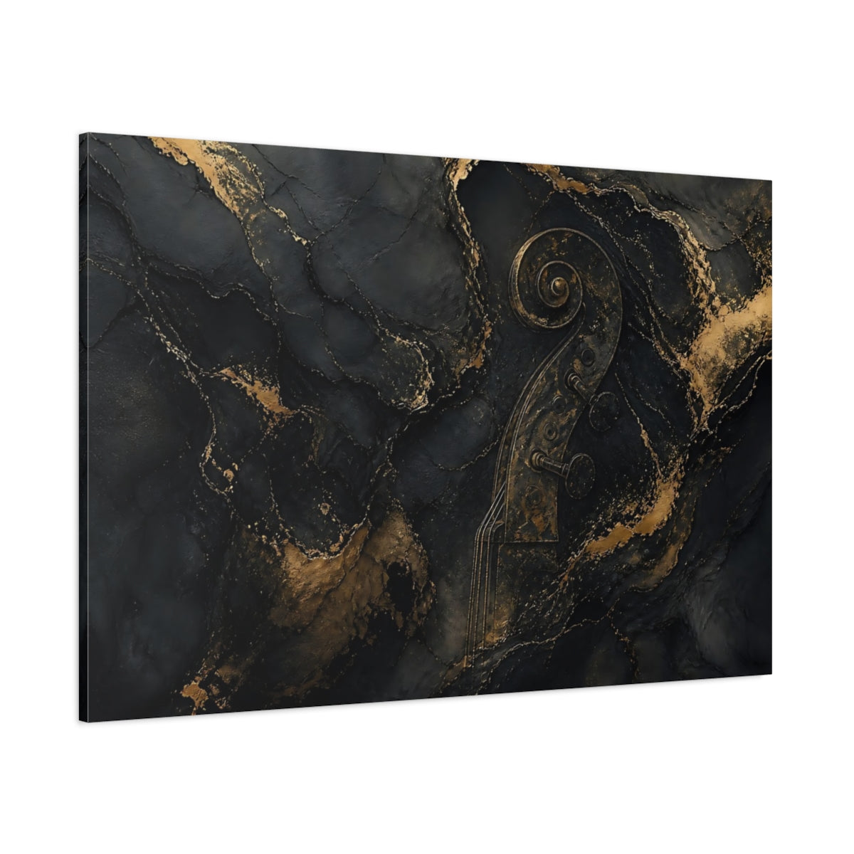 Side Mockup 1. Abstract Violin Scroll Black And Gold shown as stretched canvas wall art