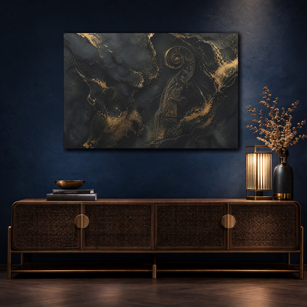 Mockup 4. Abstract Violin Scroll Black And Gold shown as stretched canvas wall art