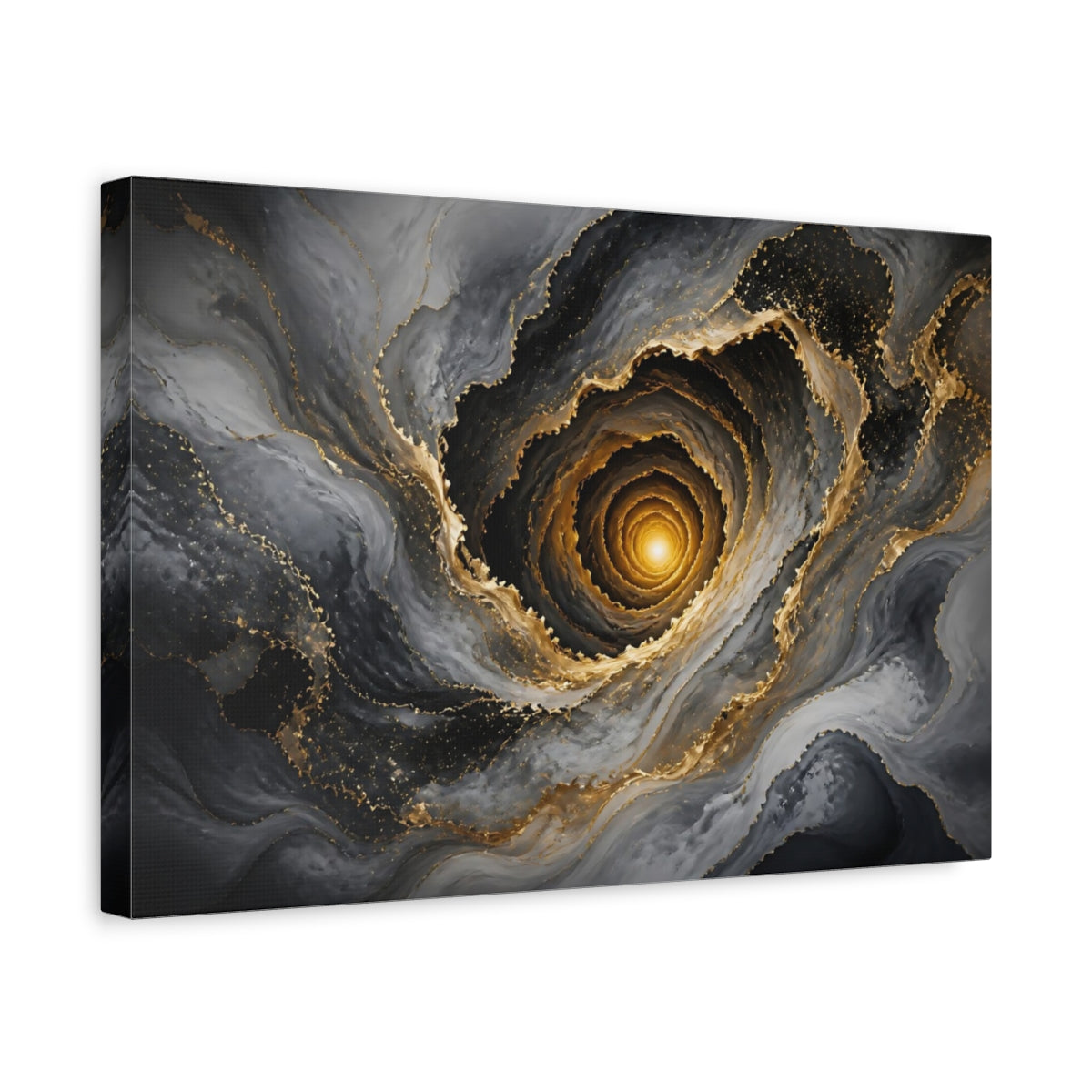 Side Mockup 4. Abstract Abstract Vortex Grey Gold Vortex shown as stretched canvas wall art