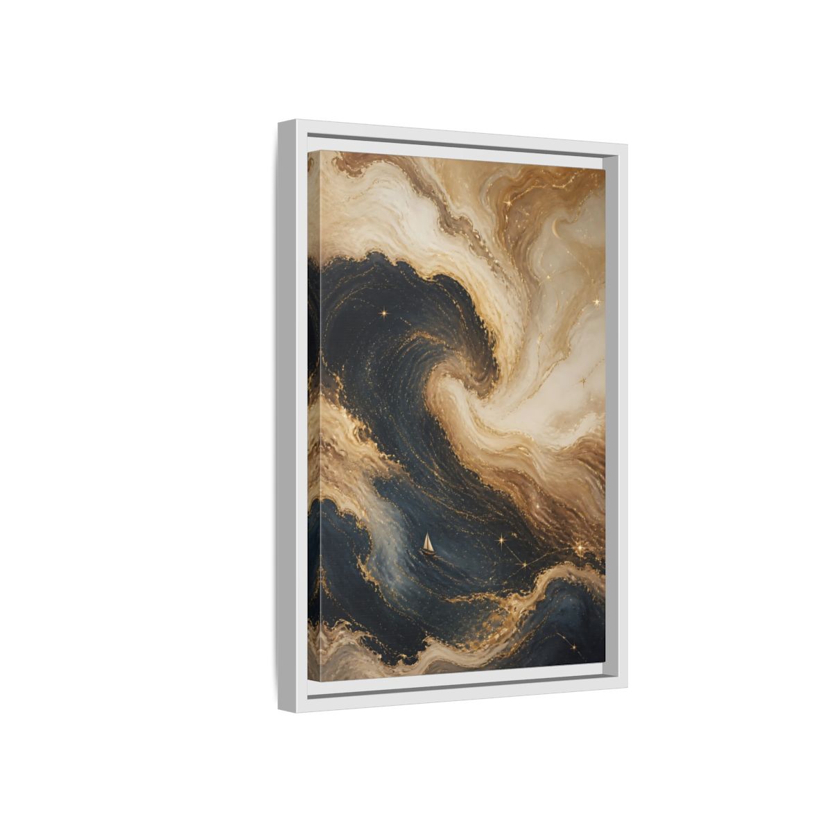 Side Mockup 4. Abstract Abstract Waves Blue Gold Waves shown as stretched canvas wall art