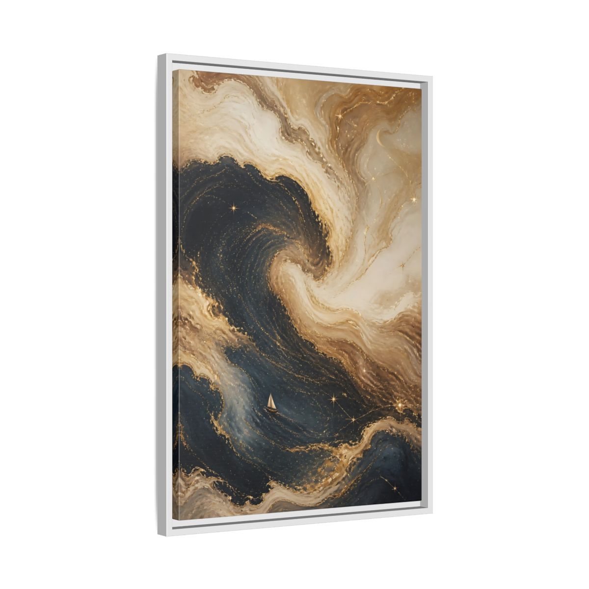 Side Mockup 10. Abstract Abstract Waves Blue Gold Waves shown as stretched canvas wall art