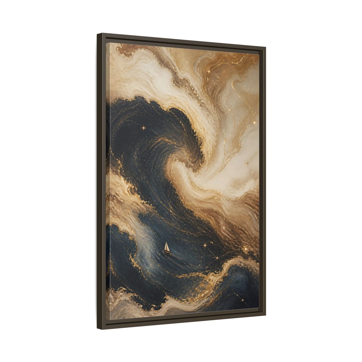 Side Mockup 11. Abstract Abstract Waves Blue Gold Waves shown as stretched canvas wall art