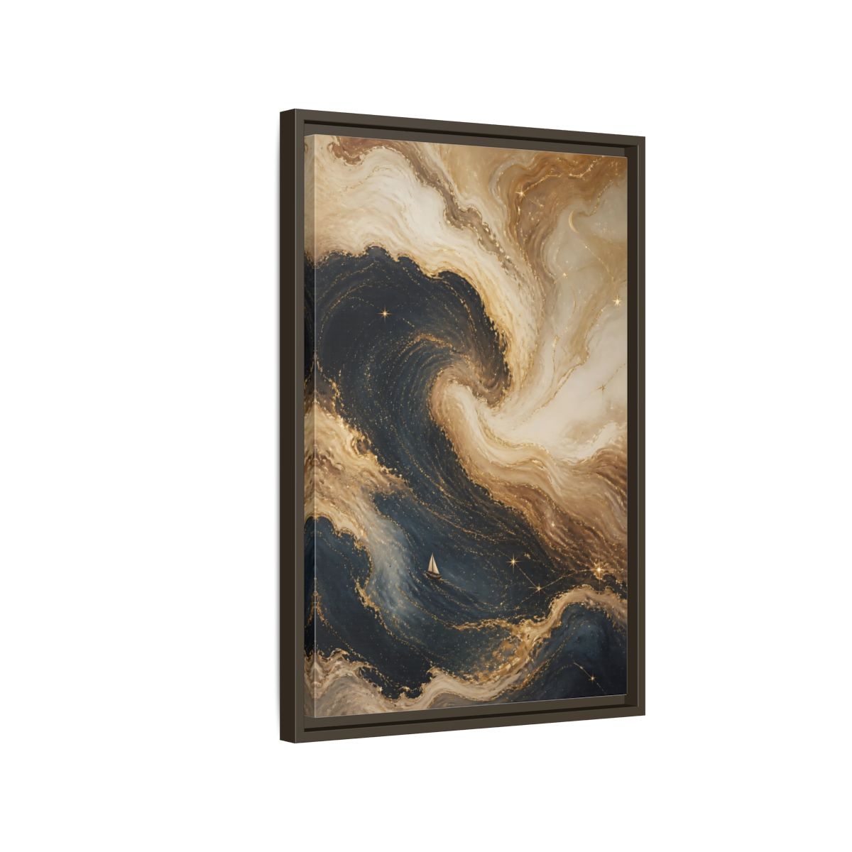 Side Mockup 2. Abstract Abstract Waves Blue Gold Waves shown as stretched canvas wall art