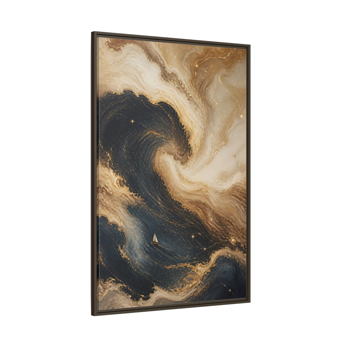 Side Mockup 8. Abstract Abstract Waves Blue Gold Waves shown as stretched canvas wall art