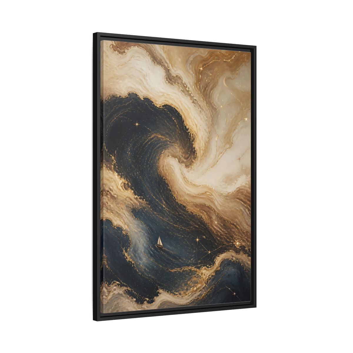 Side Mockup 13. Abstract Abstract Waves Blue Gold Waves shown as stretched canvas wall art