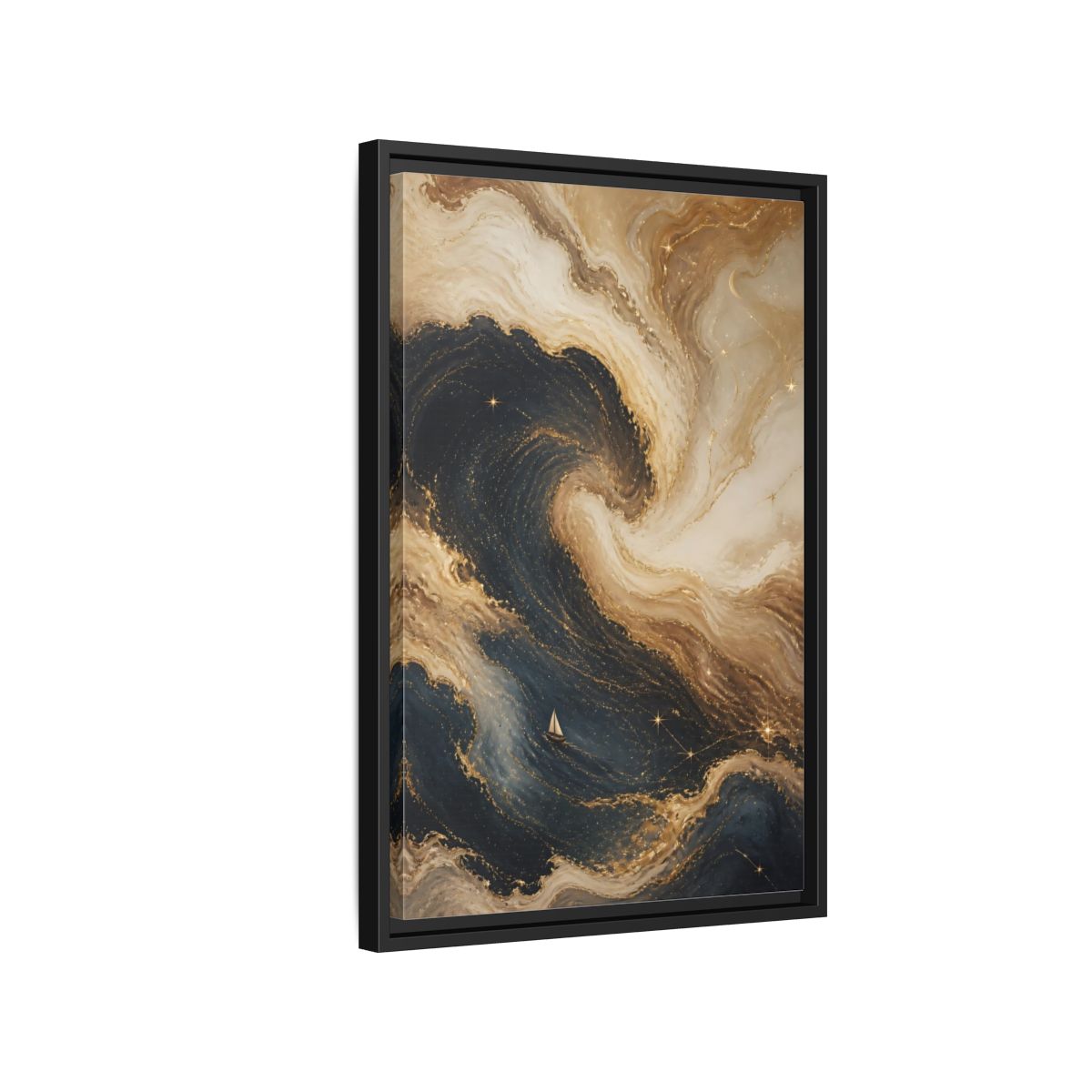 Side Mockup 3. Abstract Abstract Waves Blue Gold Waves shown as stretched canvas wall art