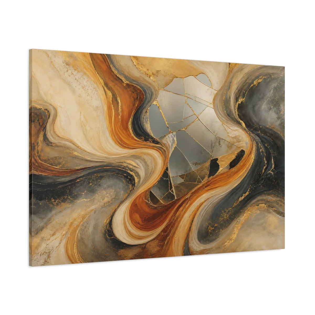 Side Mockup 1. Abstract Abstract Waves Gold Abstract shown as stretched canvas wall art