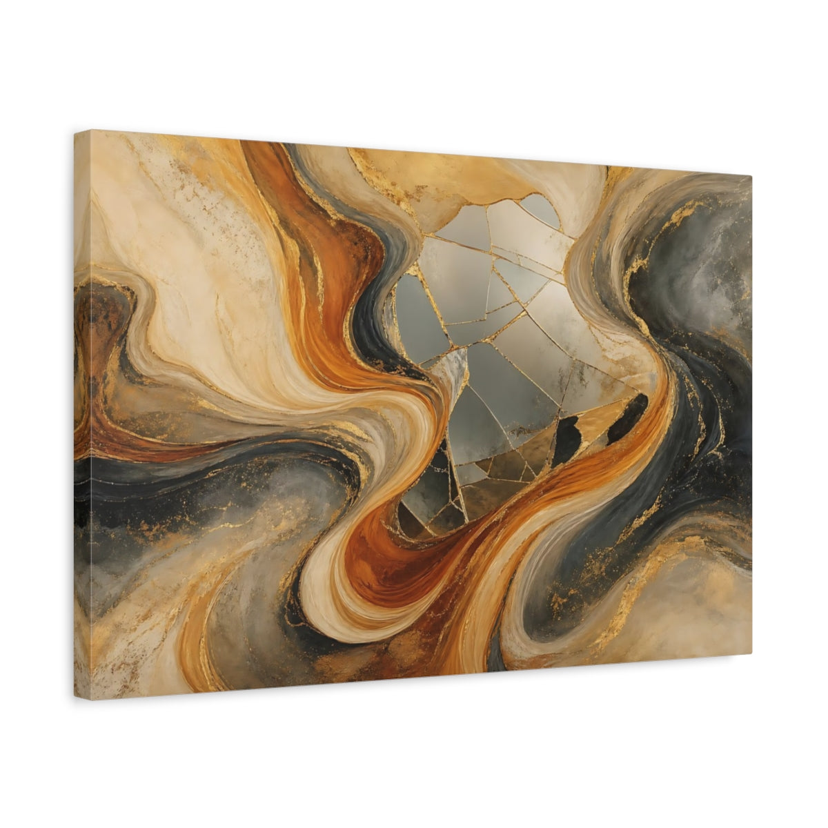Side Mockup 3. Abstract Abstract Waves Gold Abstract shown as stretched canvas wall art