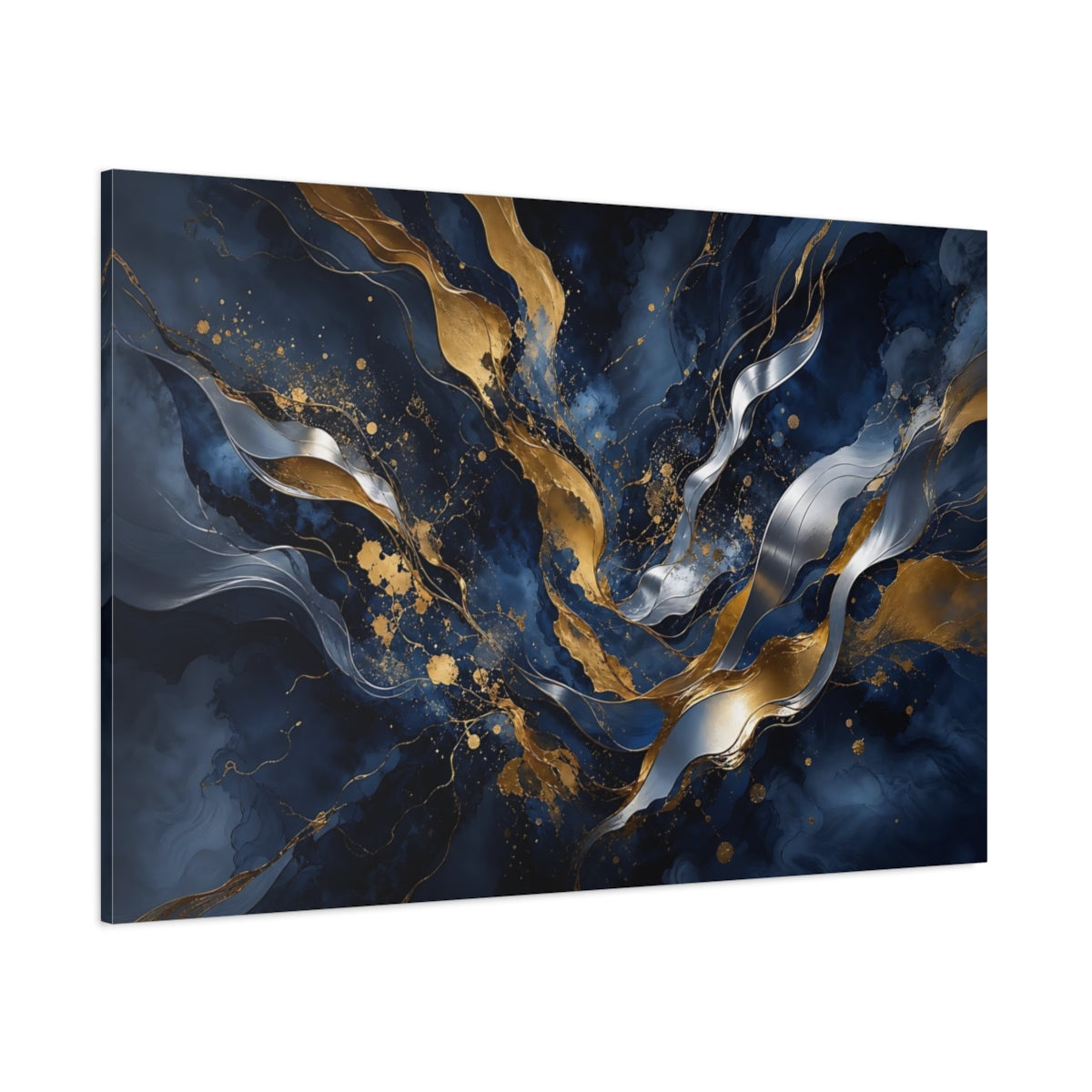 Side Mockup 1. Abstract Abstract Waves Navy Gold Abstract shown as stretched canvas wall art