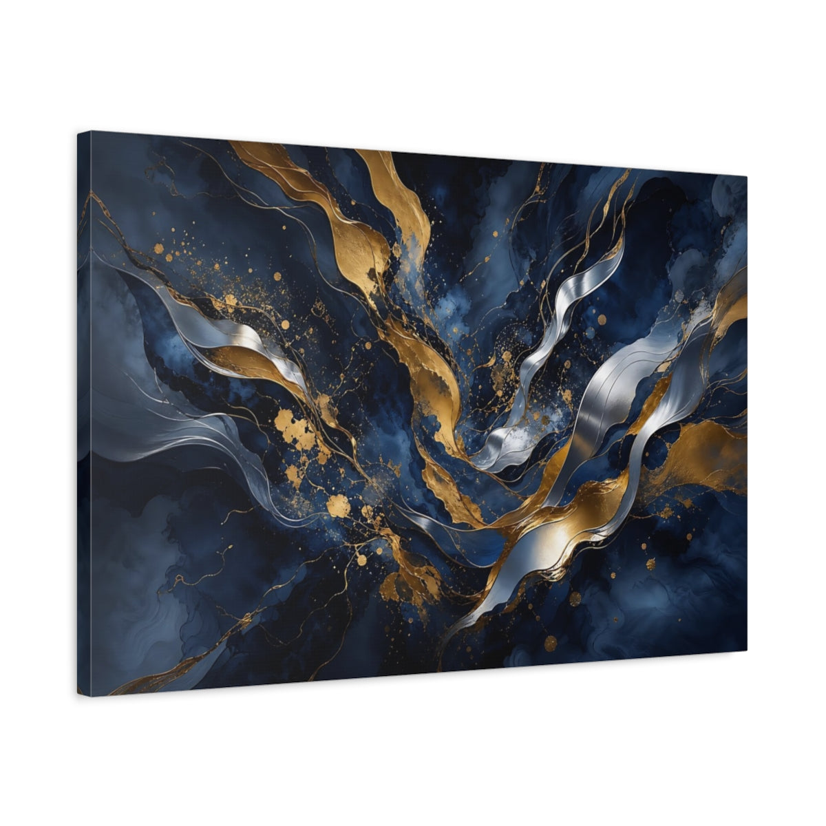 Side Mockup 2. Abstract Abstract Waves Navy Gold Abstract shown as stretched canvas wall art