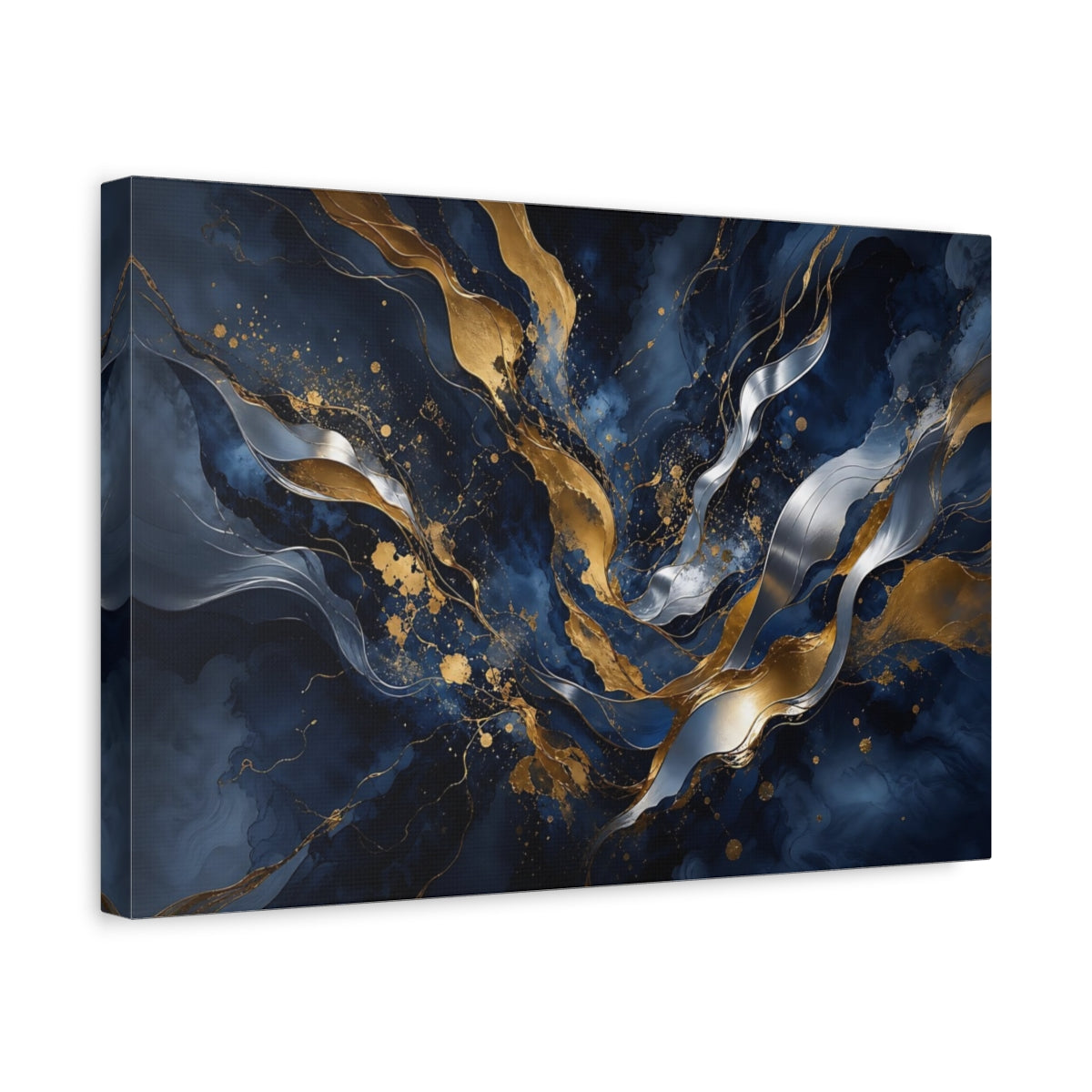 Side Mockup 4. Abstract Abstract Waves Navy Gold Abstract shown as stretched canvas wall art