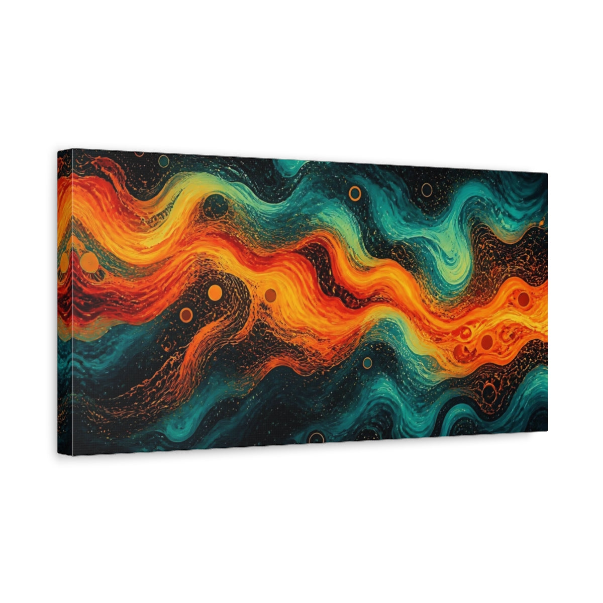 Side Mockup 3. Abstract Abstract Waves Orange Teal shown as stretched canvas wall art