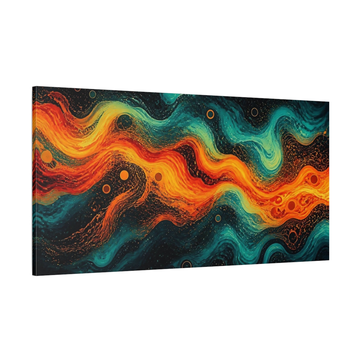 Side Mockup 2. Abstract Abstract Waves Orange Teal shown as stretched canvas wall art