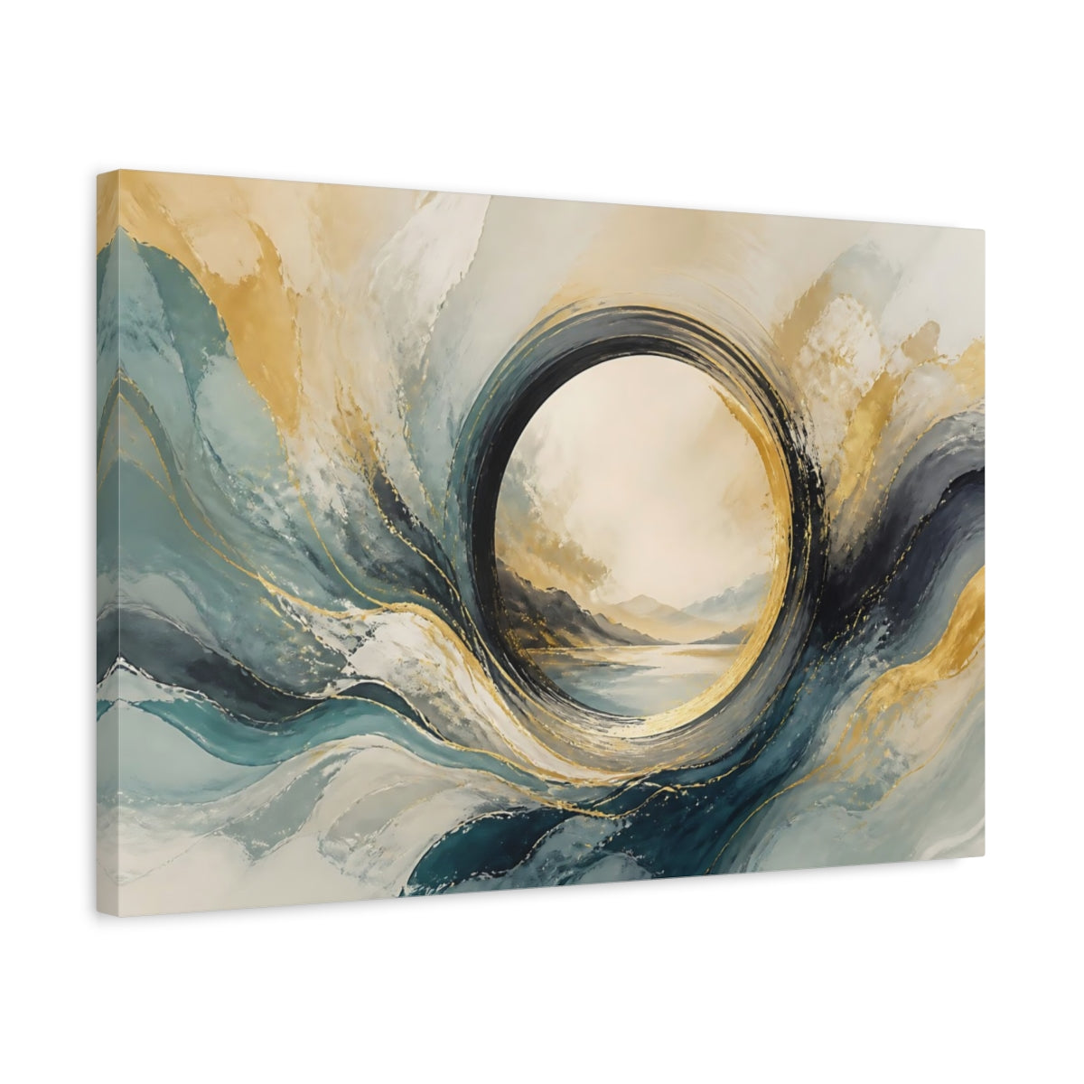 Side Mockup 3. Abstract Abstract Waves Teal Gold Abstract shown as stretched canvas wall art