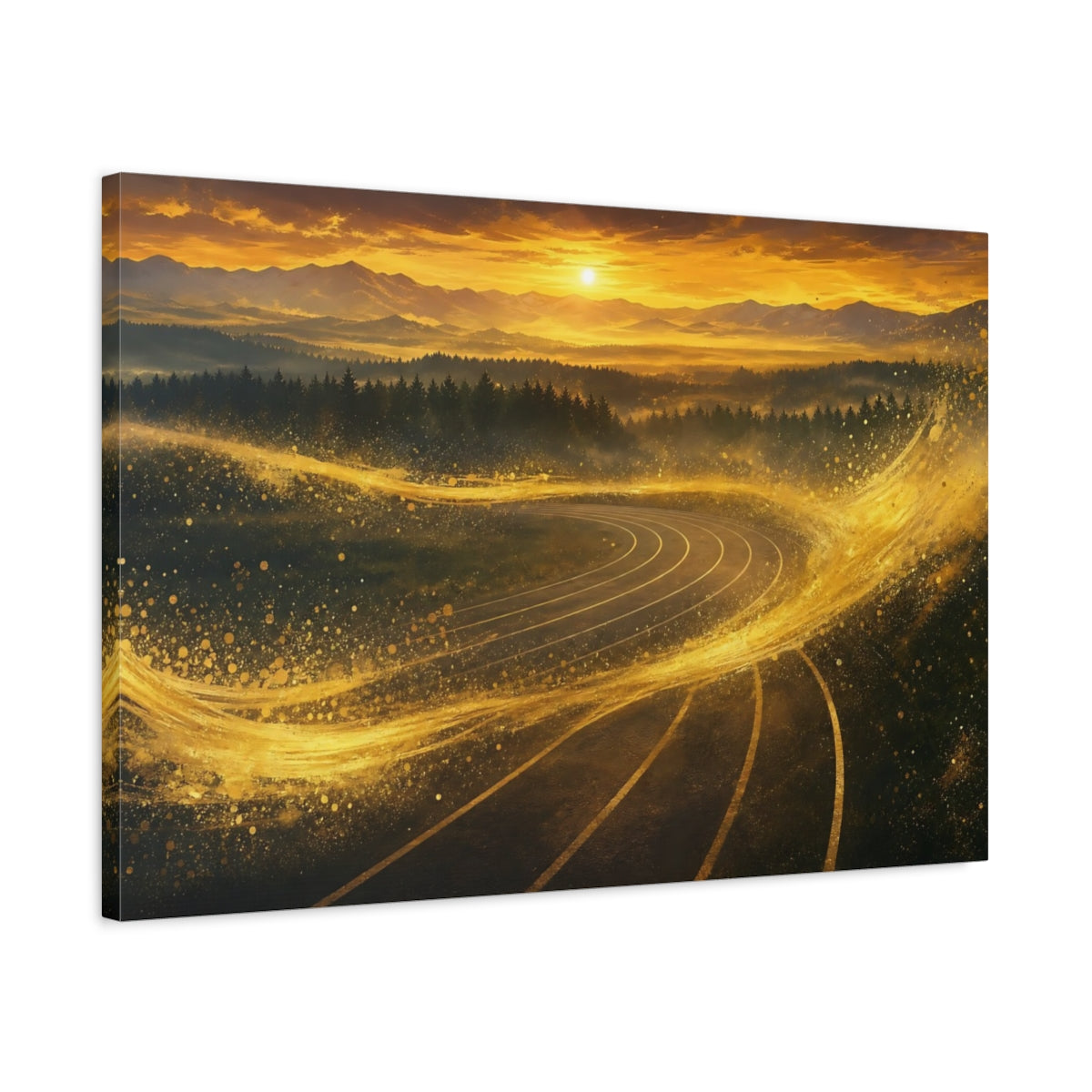 Side Mockup 2. Abstract Winding Track Golden Track Landscape shown as stretched canvas wall art
