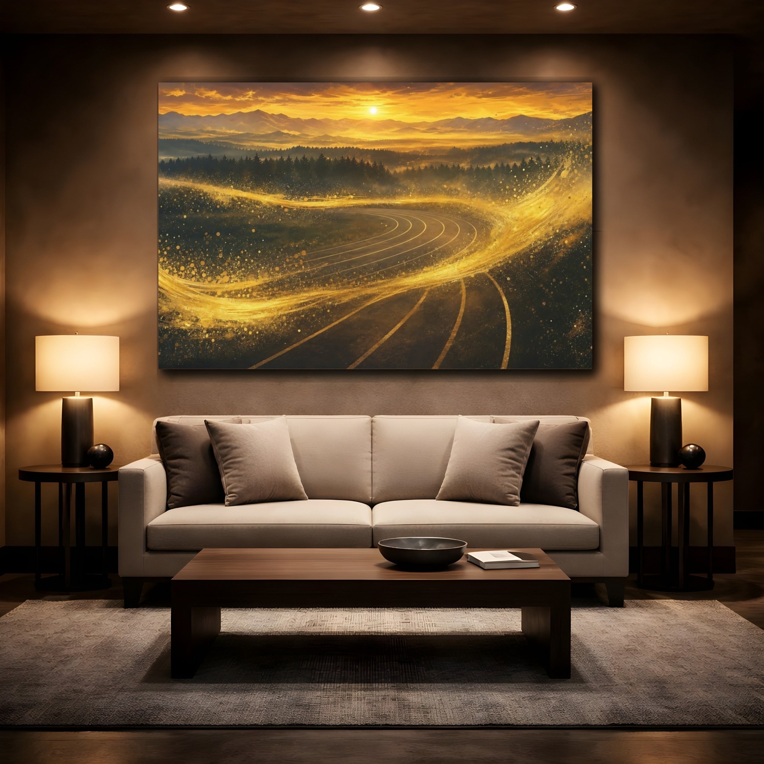 Mockup 2. Abstract Winding Track Golden Track Landscape shown as stretched canvas wall art