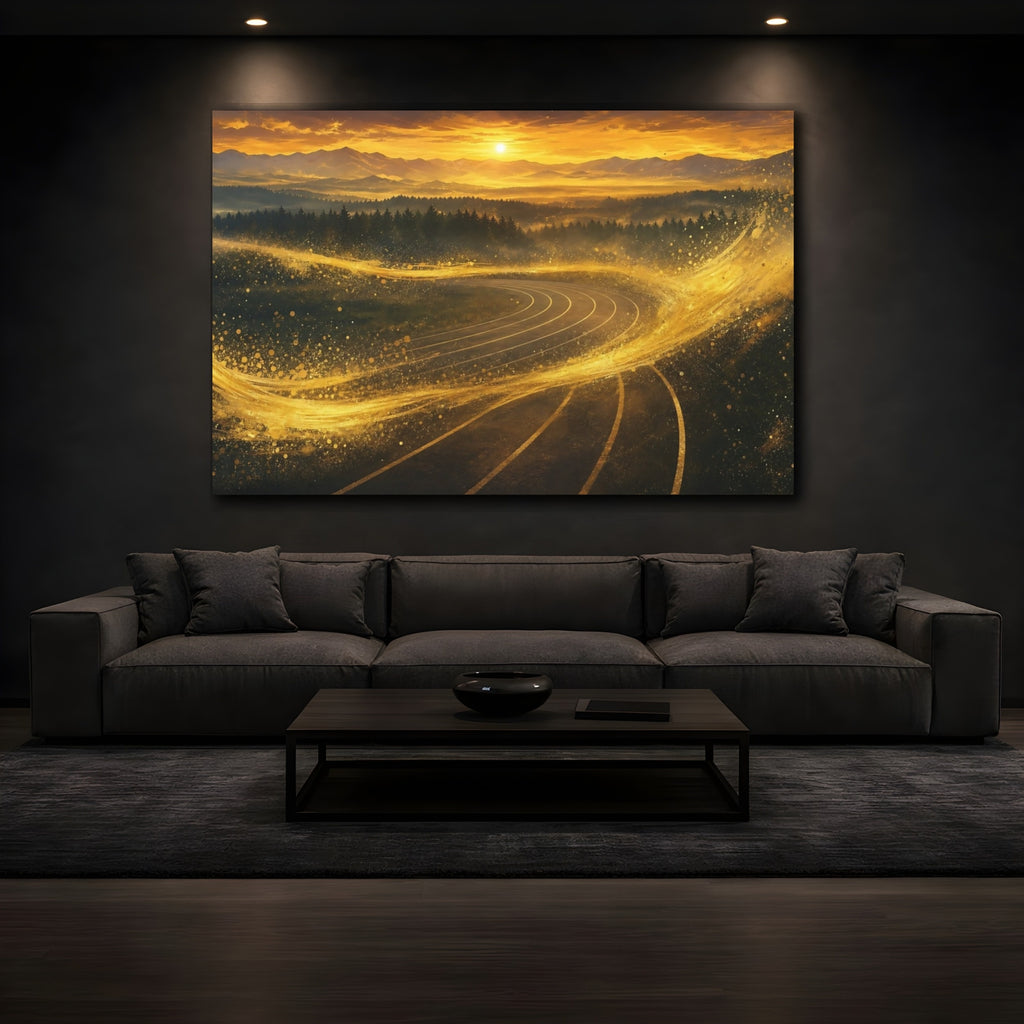 Mockup 3. Abstract Winding Track Golden Track Landscape shown as stretched canvas wall art