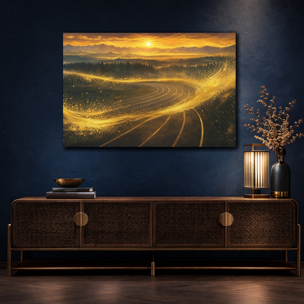 Mockup 4. Abstract Winding Track Golden Track Landscape shown as stretched canvas wall art