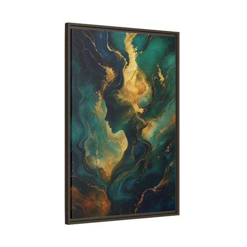 Main Mockup. Abstract Woman Profile Teal Gold Abstract shown as stretched canvas wall art